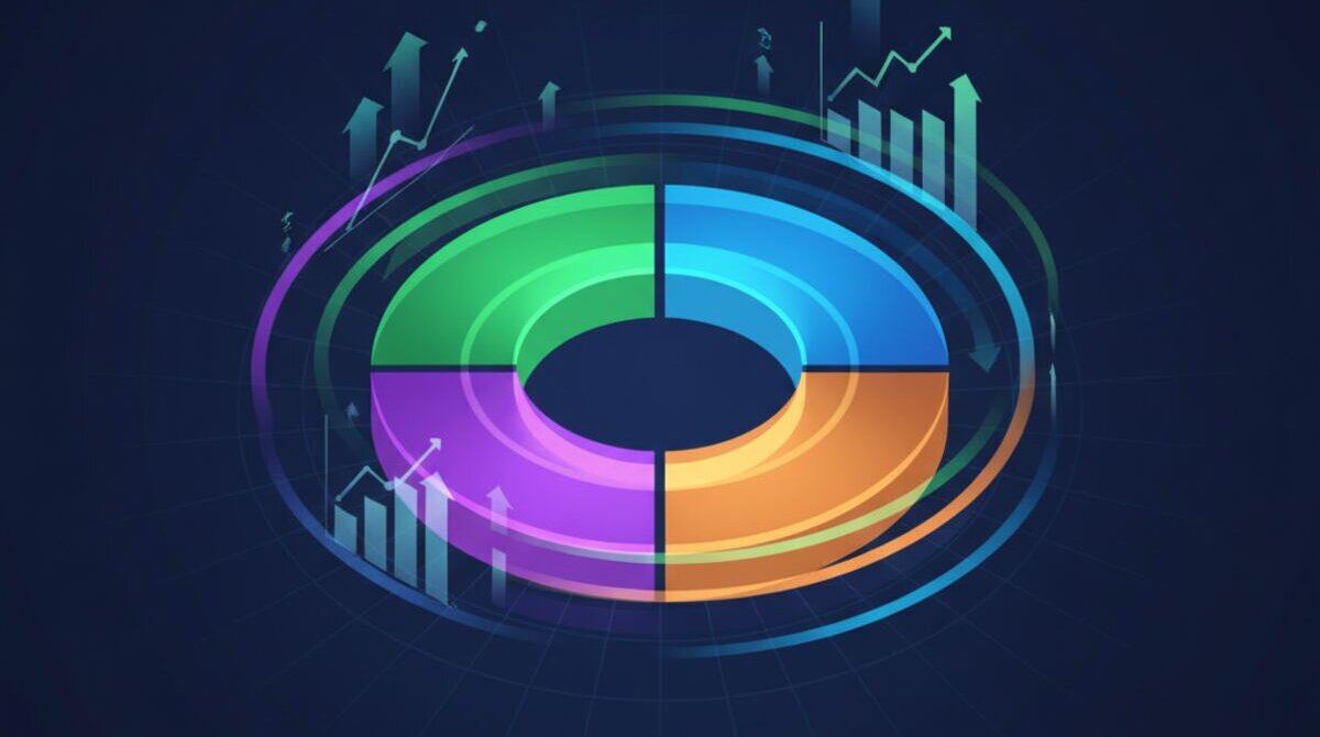 Digital illustration of a spinning accountability flywheel with four glowing segments representing tracking, follow-through, better meetings, and better outcomes