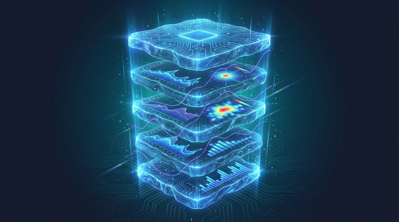 Layered historical SEO data strata glowing with accumulated performance intelligence on dark background