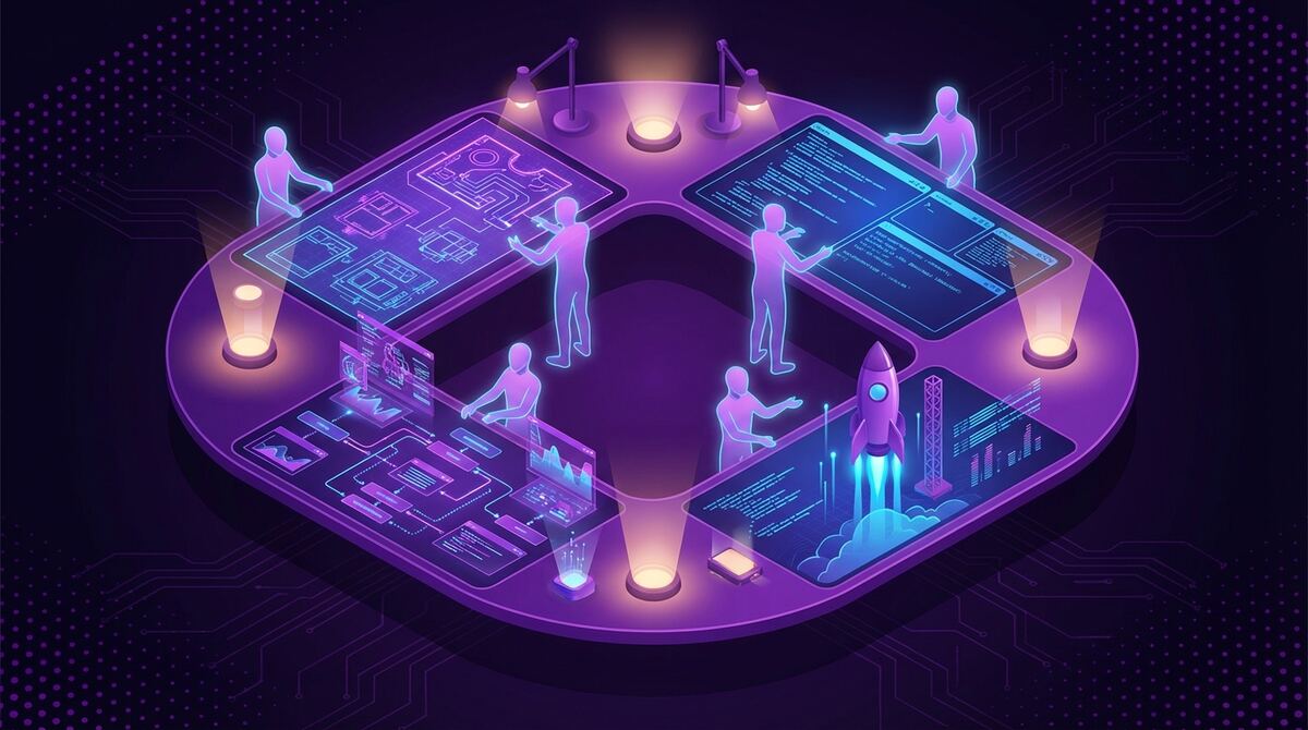 Digital illustration of a hands-on AI workshop environment with glowing workspace zones showing blueprinting, coding, testing, and deploying stages