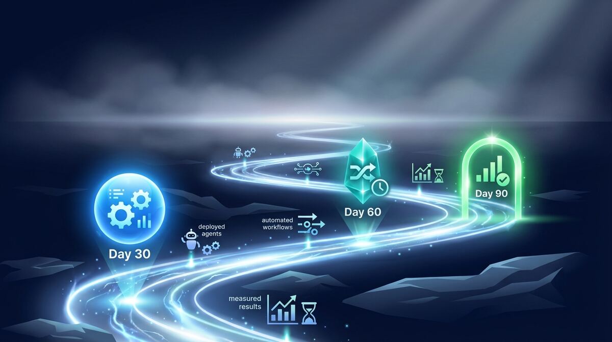 Digital illustration of an illuminated strategic roadmap pathway with milestone markers stretching into the distance across a dark landscape