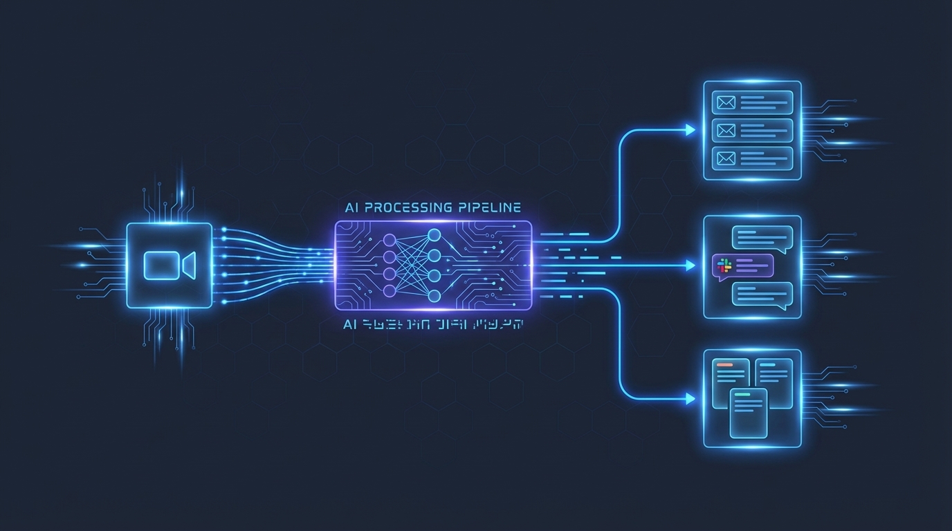 AI pipeline processing meeting transcripts into structured summaries, emails, and task assignments