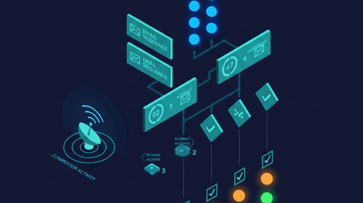 Digital illustration of an automated lead nurturing system with leads flowing downward through qualification stages