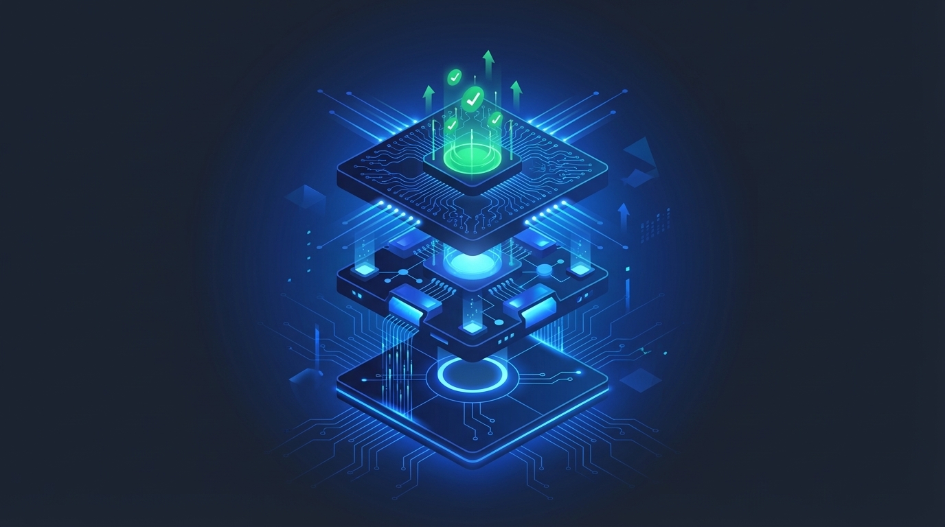 Layered platforms showing scalable AI systems improving with each iteration