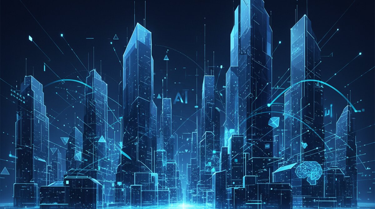 Digital illustration of futuristic cityscape with AI networks connecting enterprises