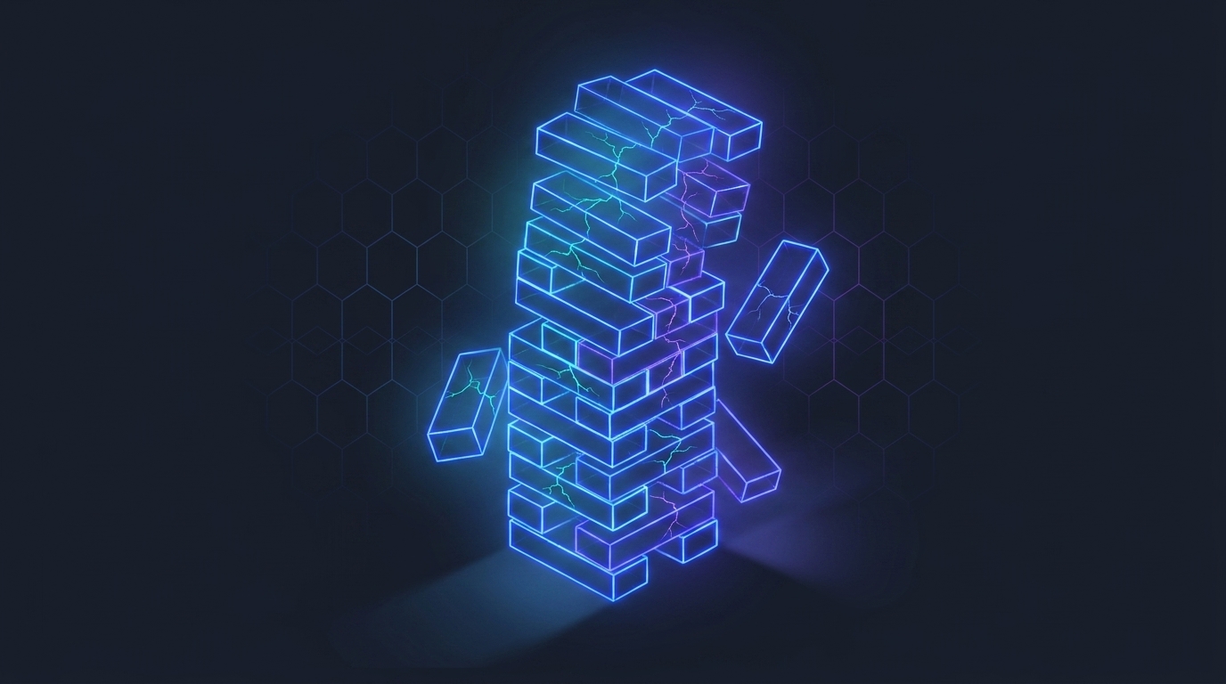 A Jenga tower of glowing translucent blocks slowly drifting and tilting.
