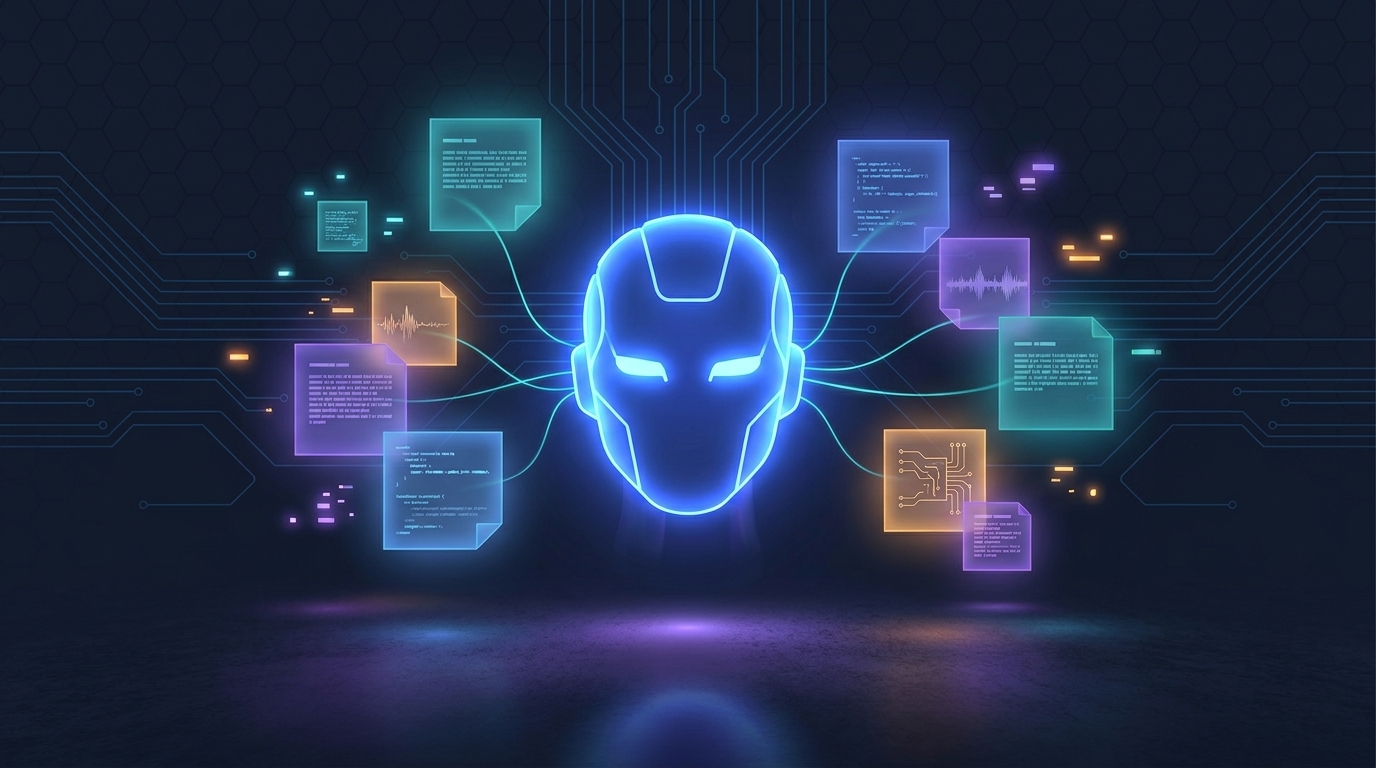 A robotic head surrounded by floating memory cards and clue fragments.
