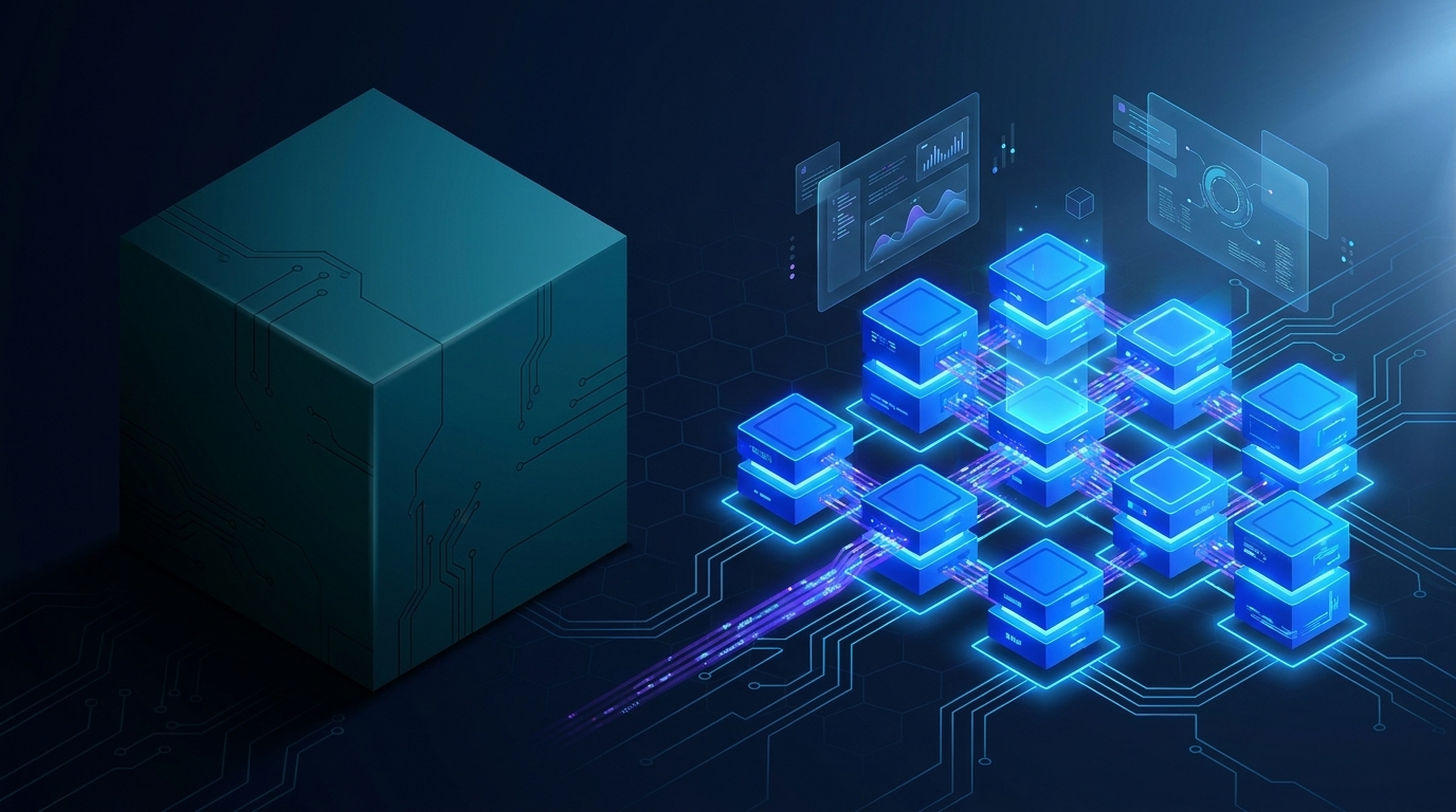 A modular architecture of glowing interconnected blocks versus a single monolithic cube.