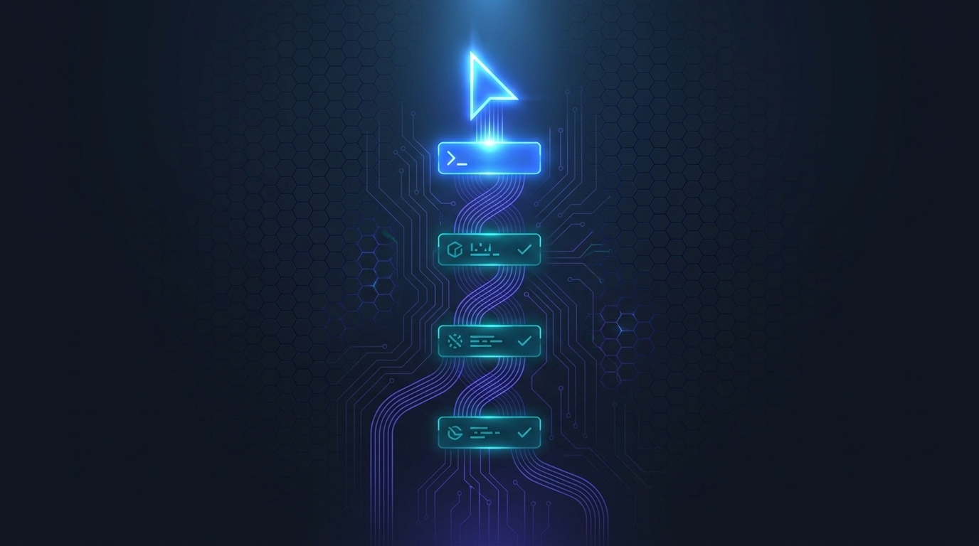 A glowing holographic vertical pipeline with a single cursor at the top entering a command.