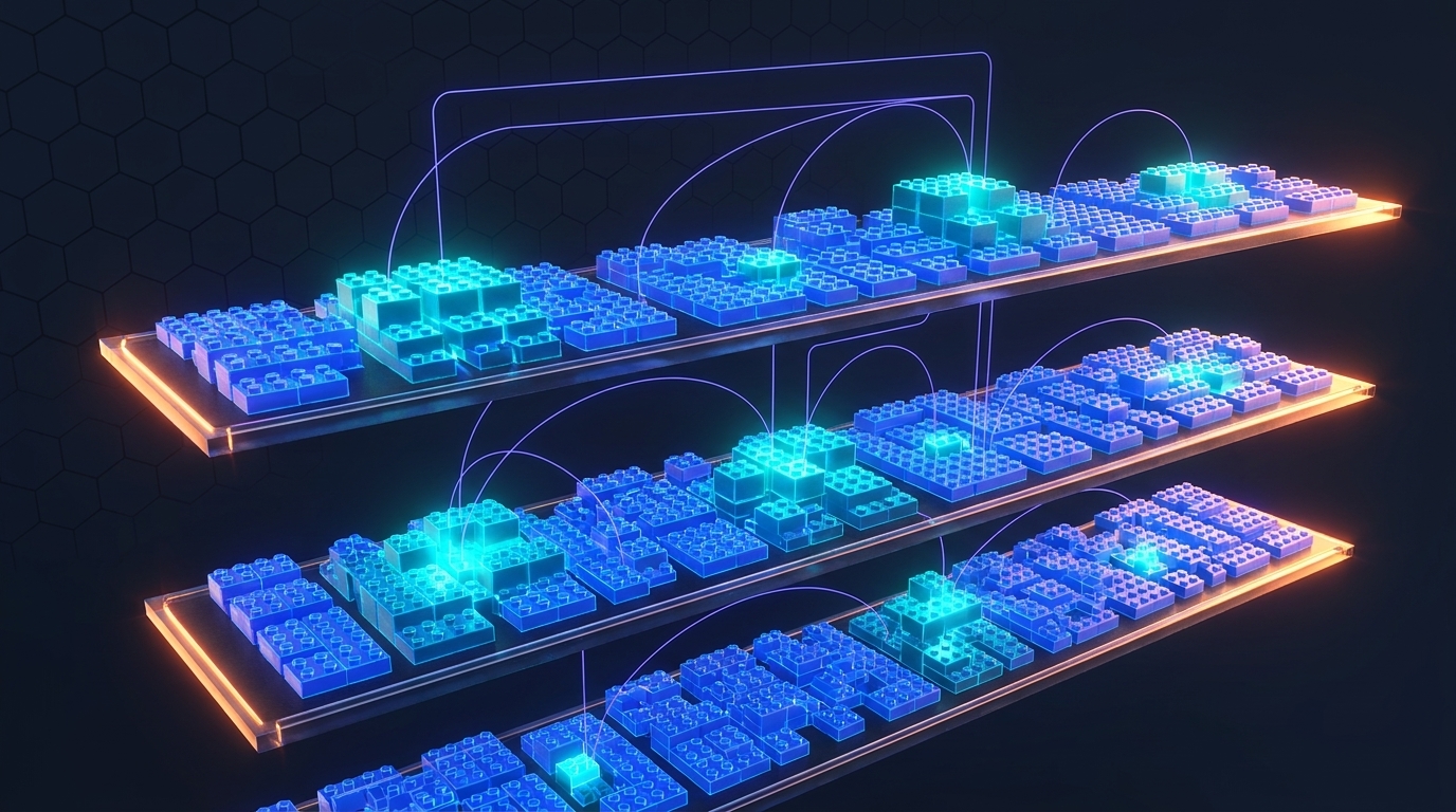 A glowing toolbox of pre-built software components arranged on floating holographic shelves.