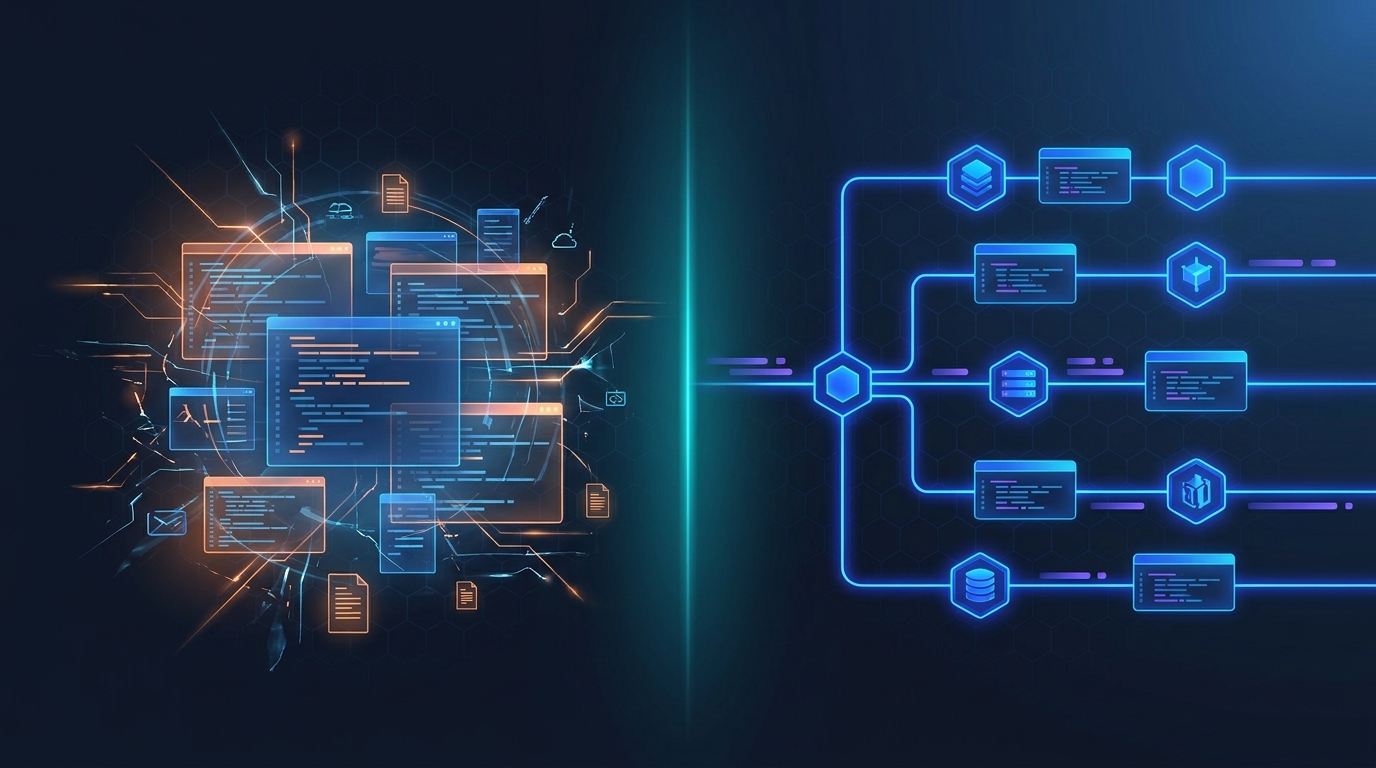 Split illustration contrasting chaotic vibe coding versus orderly agentic development.