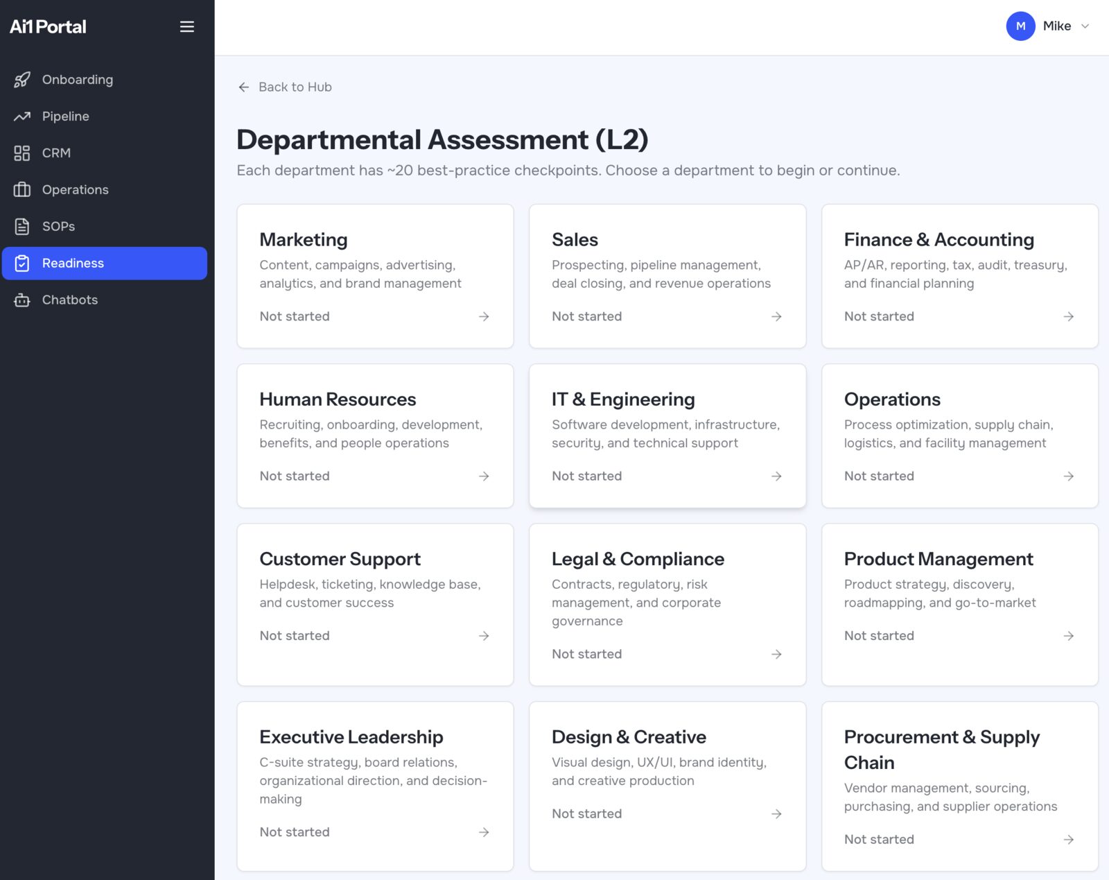 The AI Readiness Assessment showing a grid of departments to evaluate for AI adoption maturity