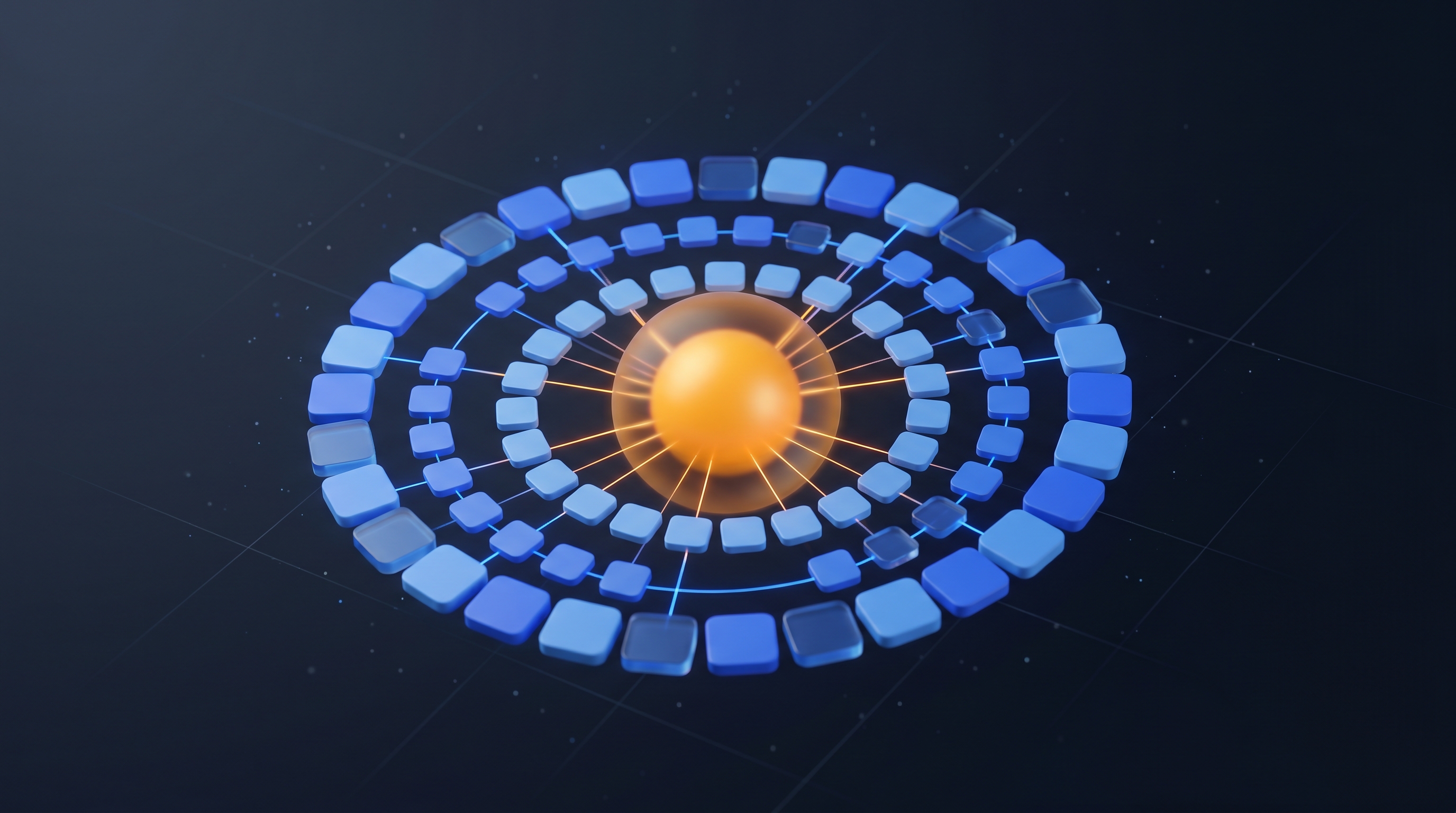 An Ai1 core node surrounded by orbiting rounded tiles representing dozens of connected tools