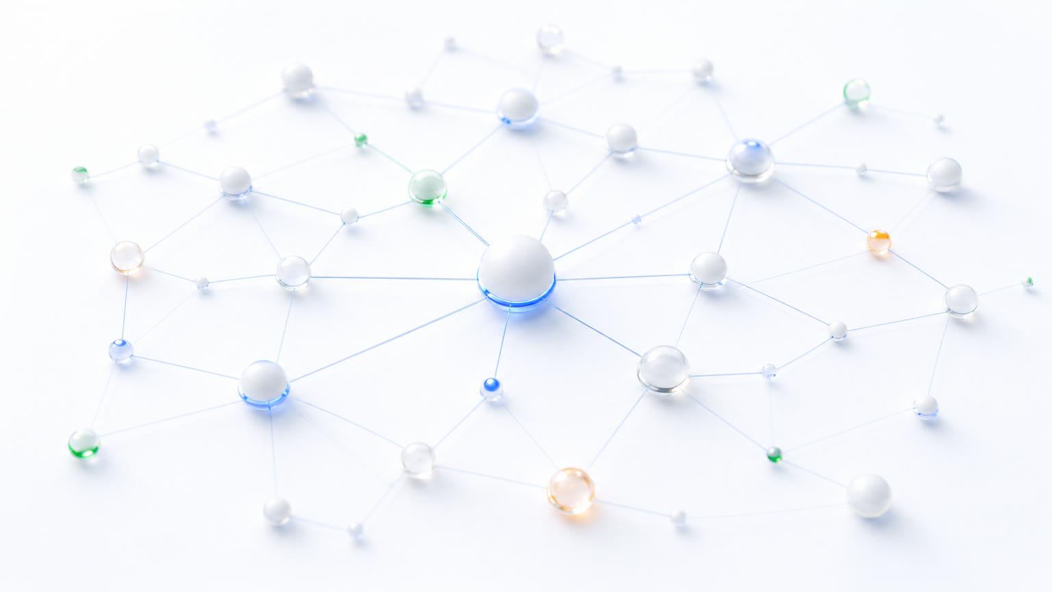A living constellation map of glowing nodes connected by thin blue threads.