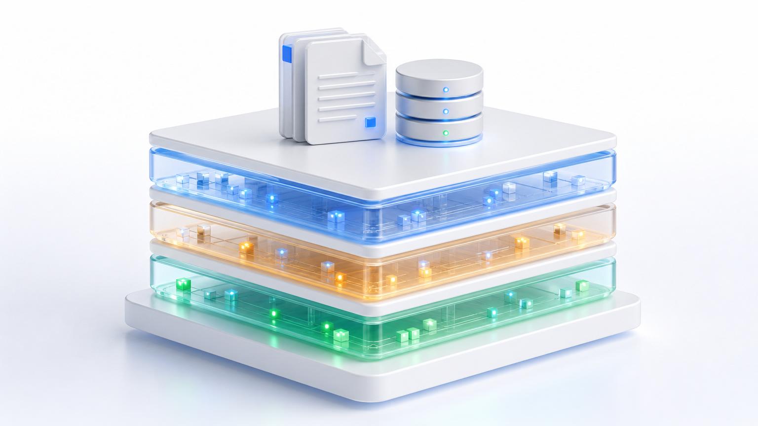 Luminous bedrock data foundation, translucent stacked strata of structured data.