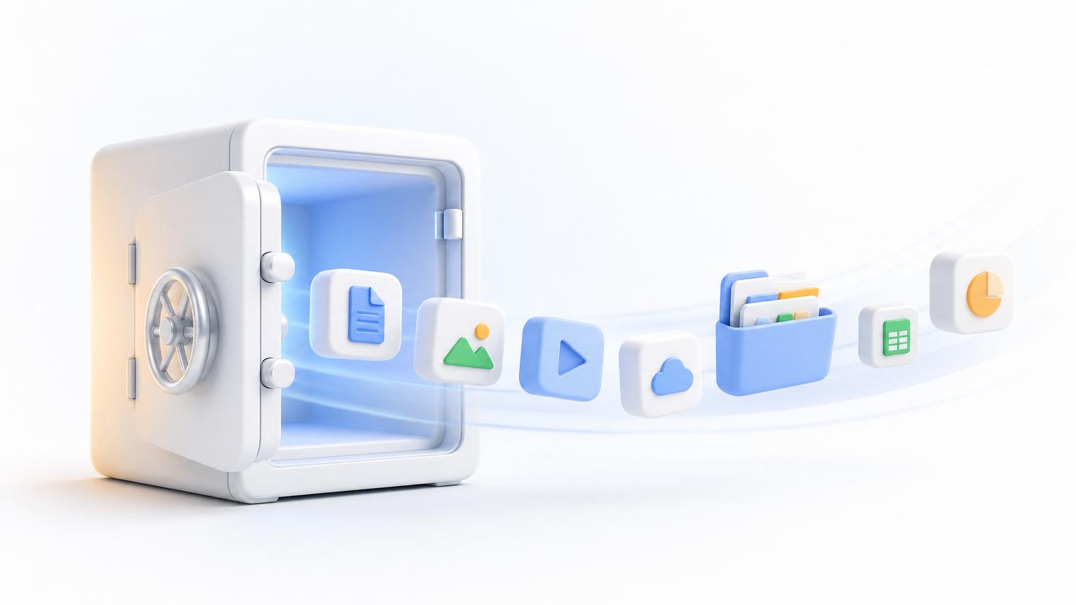 An open vault and portable containers of data moving freely out on a clear path.