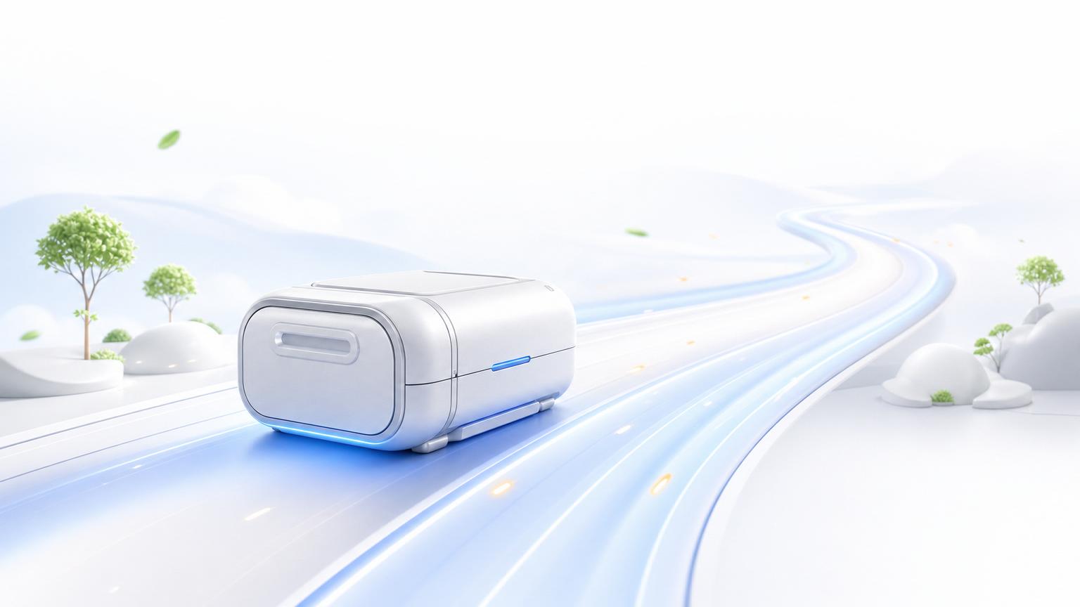A portable data module gliding along an open luminous road into the distance.