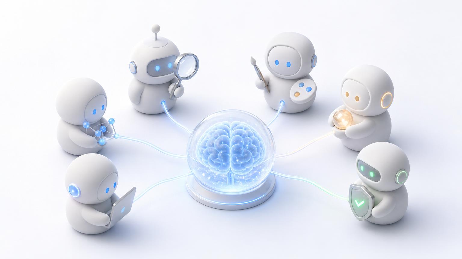 Specialist agent forms each linked to one shared glowing memory core.