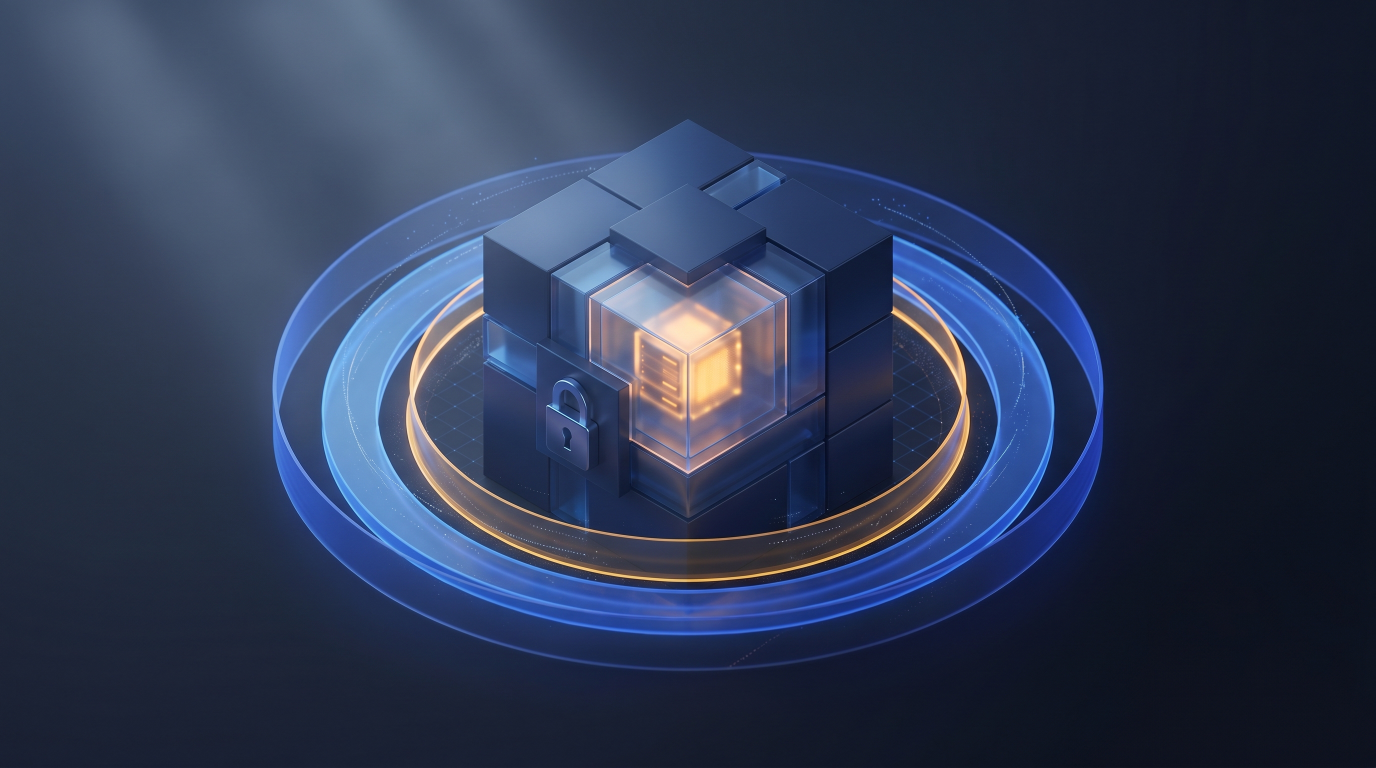 A single fortified vault containing one server, wrapped in concentric shield layers