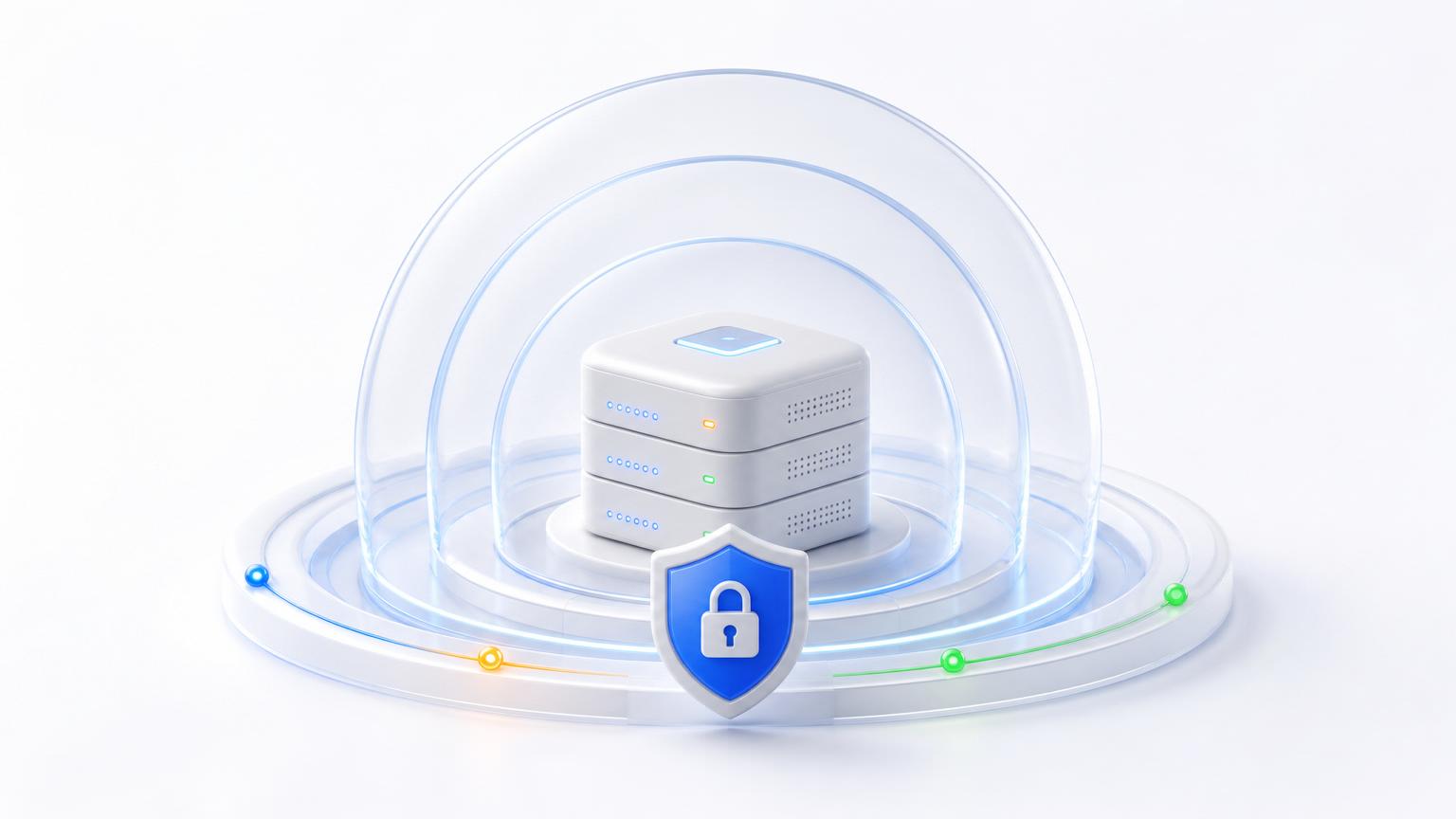Concentric protective shield layers wrapped around a secured server core.