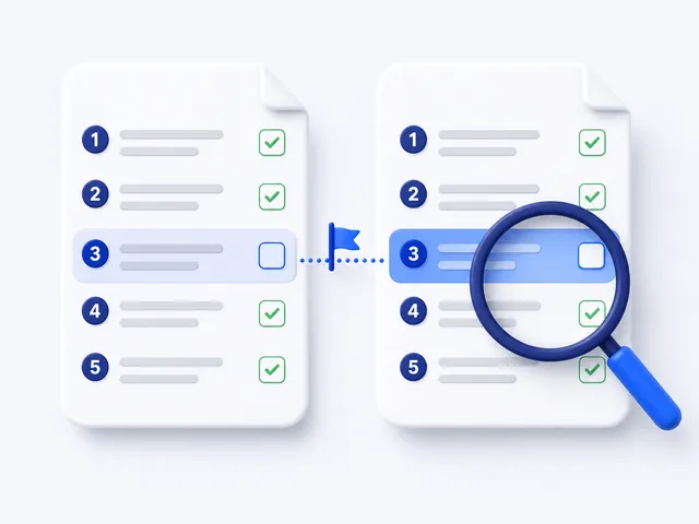 Two versions of a procedure side by side, with the step that differs flagged and magnified