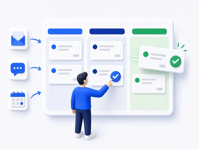 A task board: new tasks arrive from email, chat and calendar, and a person approves one as it moves to done
