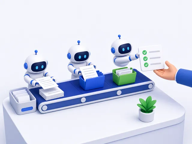 Small robot assistants sorting paperwork and handing a person a short summary with three checkmarks