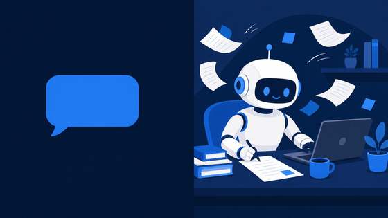 A chat bubble next to a robot agent busy at a desk