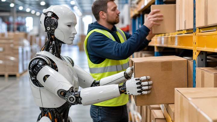 A humanoid robot and a warehouse worker lifting boxes together