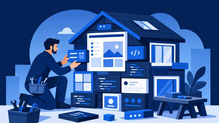 A builder assembling a house made of software windows