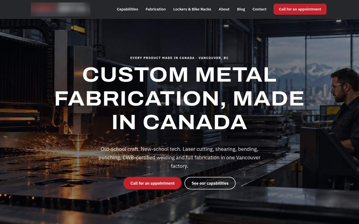 The new home page built by the agents: a bold headline, a short description and two clear buttons over a factory photo. Company name hidden.